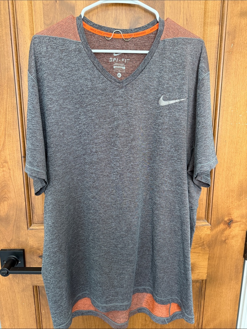 Nike Men’s Heather Gray V-Neck Short Sleeve Shirt with Orange Accents